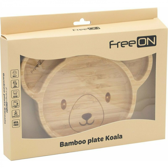 Farfurie compartimentata, FreeON, Din bambus, Cu ventuza, Conform cu standardul european de securitate EN 14372:2004, Bear [5]