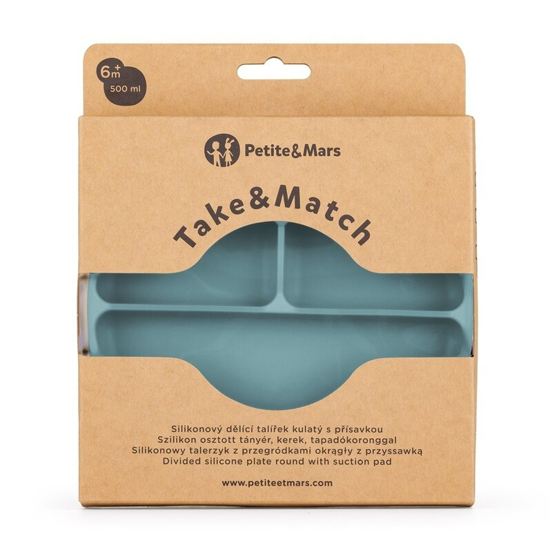 Farfurie compartimentata, Petite&Mars, Take&Match, Din silicon, Rotunda, Cu ventuza si 3 compartimente, Adecvata pentru masina de spalat vase si microunde, Nu absoarbe mirosuri, Fara BPA, 500 ml, 6 lu [8]