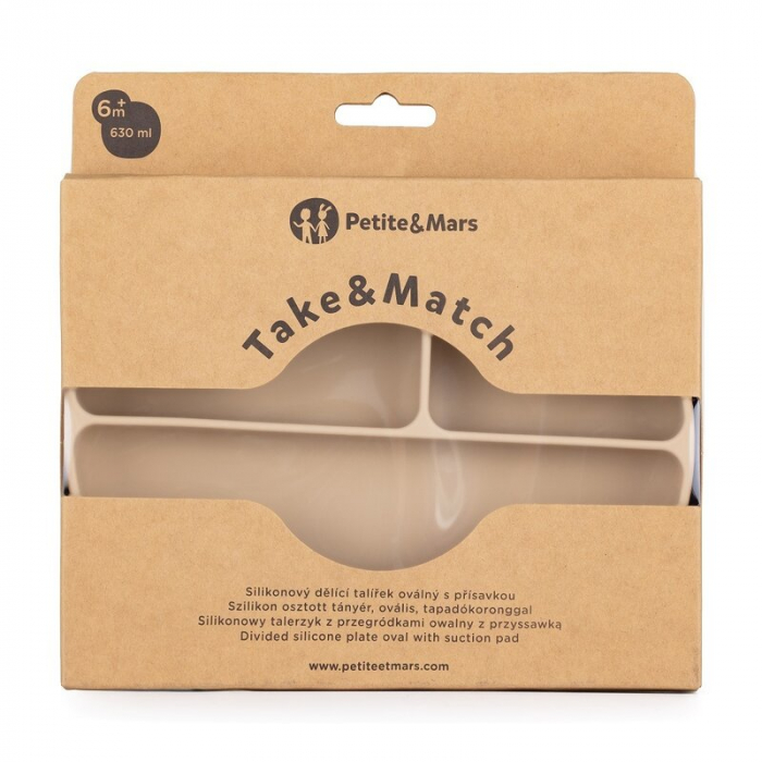 Farfurie compartimentata, Petite&Mars, Take&Match, Ovala, Cu ventuza si 3 compartimente, Silicon, Fara BPA, 630 ml, 6 luni+, Bej [4]