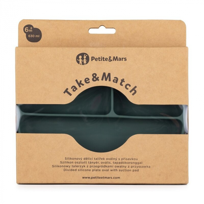 Farfurie compartimentata, Petite&Mars, Take&Match, Ovala, Cu ventuza si 3 compartimente, Silicon, Fara BPA, 630 ml, 6 luni+, Verde [4]