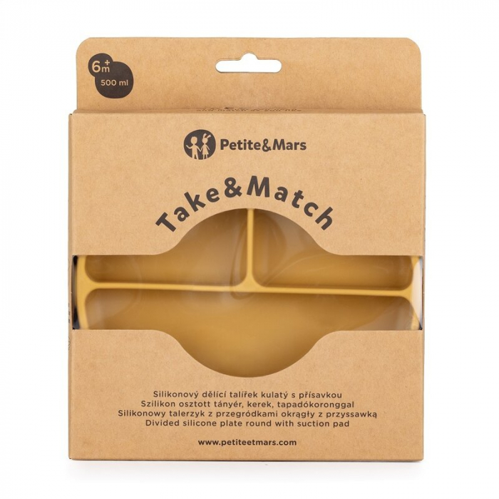 Farfurie compartimentata, Petite&Mars, Take&Match, Rotunda, Cu ventuza si 3 compartimente, Silicon, Fara BPA, 500 ml, 6 luni+, Galben [4]
