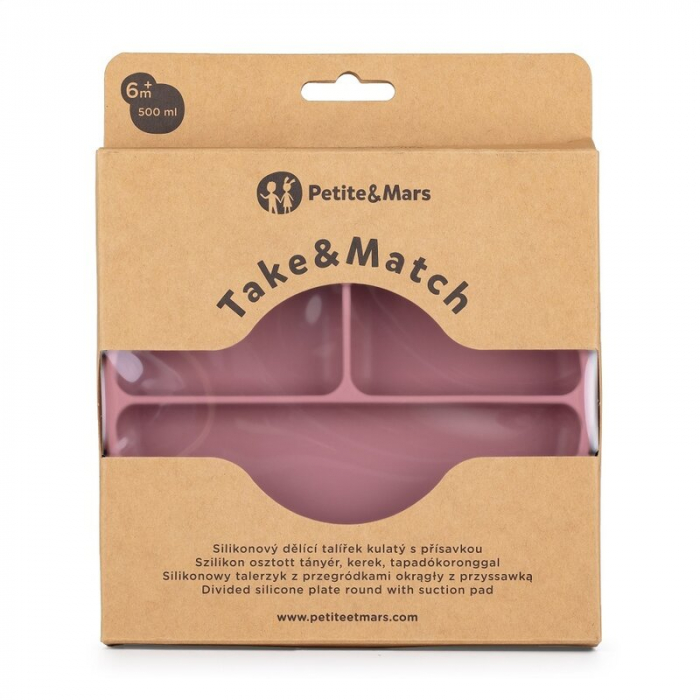 Farfurie compartimentata, Petite&Mars, Take&Match, Rotunda, Cu ventuza si 3 compartimente, Silicon, Fara BPA, 500 ml, 6 luni+, Roz [4]