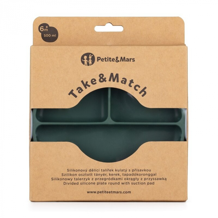 Farfurie compartimentata, Petite&Mars, Take&Match, Rotunda, Cu ventuza si 3 compartimente, Silicon, Fara BPA, 500 ml, 6 luni+, Verde [4]