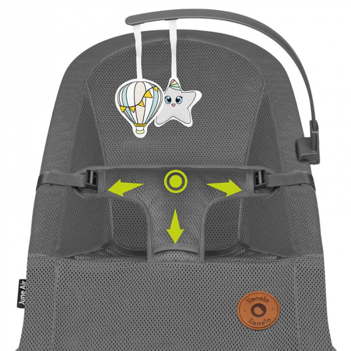 Fotoliu balansoar, Lionelo June AIR, Cu arcada cu jucarii, Ergonomic, Permite circulatia aerului, Balansare manuala, Pliabil, 0 luni+, Gri [18]