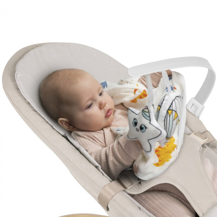 Fotoliu balansoar, Lionelo, Lilac, Cu arcada cu jucarii, Ergonomic, Reglare spatar in 3 pozitii, Pernuta moale invelita in tesatura de bambus, Pliabil, 0-6 luni, Bej [15]