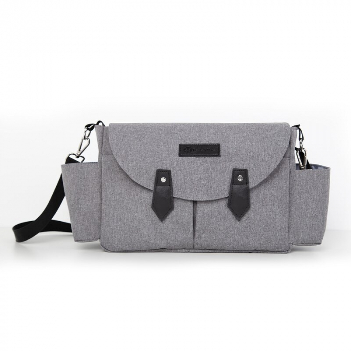 Geanta pentru scutece si organizator carucior, Petite&Mars, Sara, 2 in 1, Cu 7 buzunare, 1 buzunar cu izolatie termica, Dimensiune compacta, 40x23x10 cm, Gri [1]