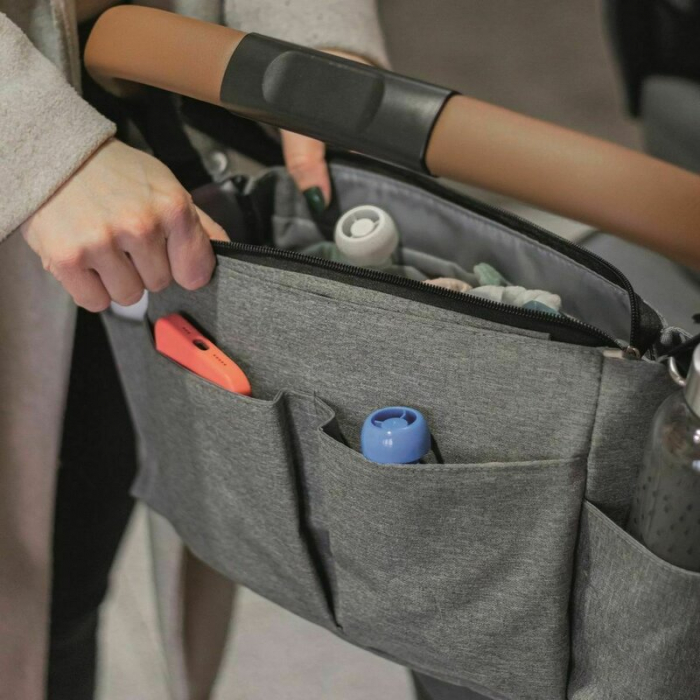 Geanta pentru scutece si organizator carucior, Petite&Mars, Sara, 2 in 1, Cu 7 buzunare, 1 buzunar cu izolatie termica, Dimensiune compacta, 40x23x10 cm, Gri [9]