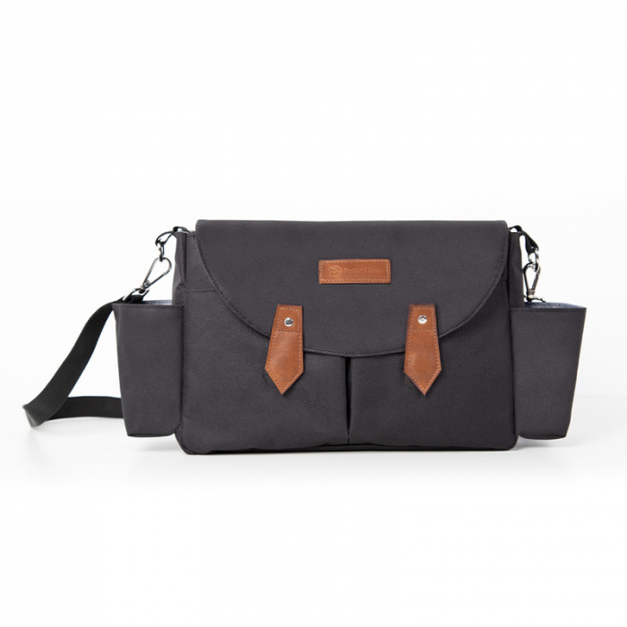 Geanta pentru scutece si organizator carucior, Petite&Mars, Sara, 2 in 1, Cu 7 buzunare, 1 buzunar cu izolatie termica, Dimensiune compacta, 40x23x10 cm, Negru/Maro [1]