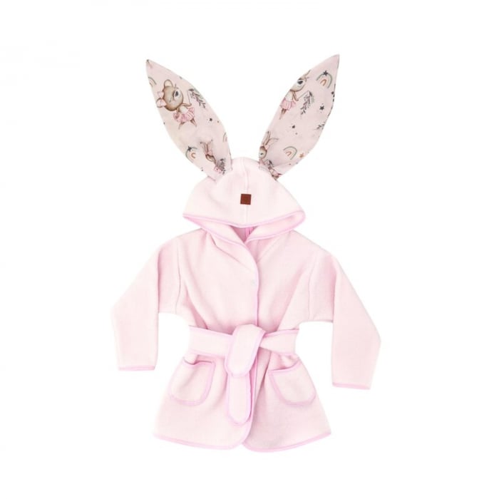 Halat de baie, MimiNu, Cu urechi, 6 - 24 luni, Moale, Cu buzunare, Cu cordon, Din bumbac si thermo fleece, Materiale certificate Oeko Tex Standard 100, Design, Little Ballerina Pink [1]