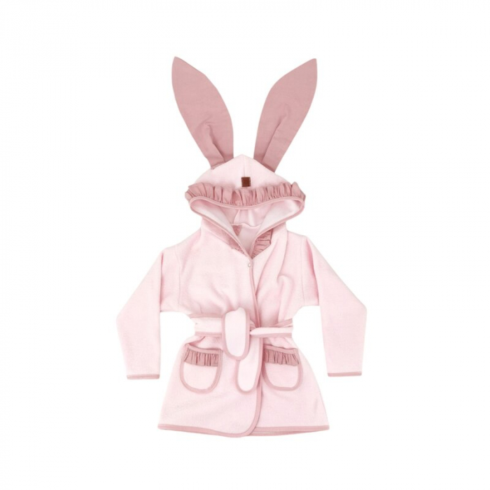 Halat de baie, MimiNu, Cu urechi, 6 - 24 luni Moale, Cu volanase, Cu buzunare, Cu cordon, Din bumbac si thermo fleece, Materiale certificate Oeko Tex Standard 100, Colectia Royal, Powder Pink [1]