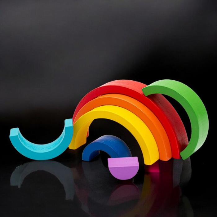 Jucarie pentru stivuire Montessori, Baby Mix, Curcubeu, Stimuleaza abilitatile motorii fine si coordonarea ochi-mana, Din lemn, 7 piese, 36 luni+ [2]