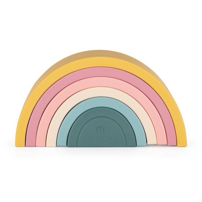Jucarie pentru stivuire, Petite&Mars, Curcubeu, 14x7.5x5 cm, Silicon, Fara BPA, 6 piese, 12 luni+, Galben [3]