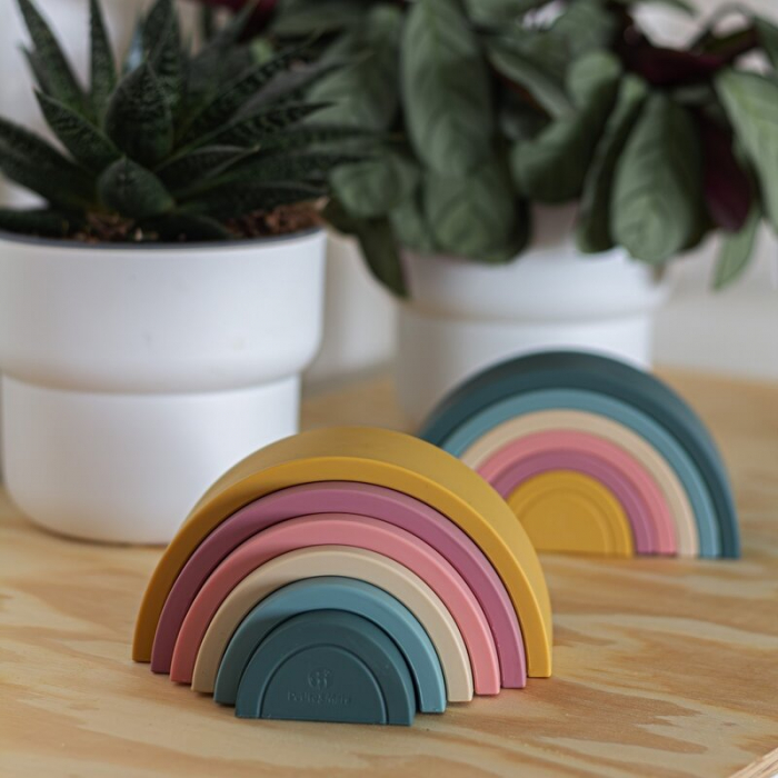 Jucarie pentru stivuire, Petite&Mars, Curcubeu, 14x7.5x5 cm, Silicon, Fara BPA, 6 piese, 12 luni+, Verde [7]