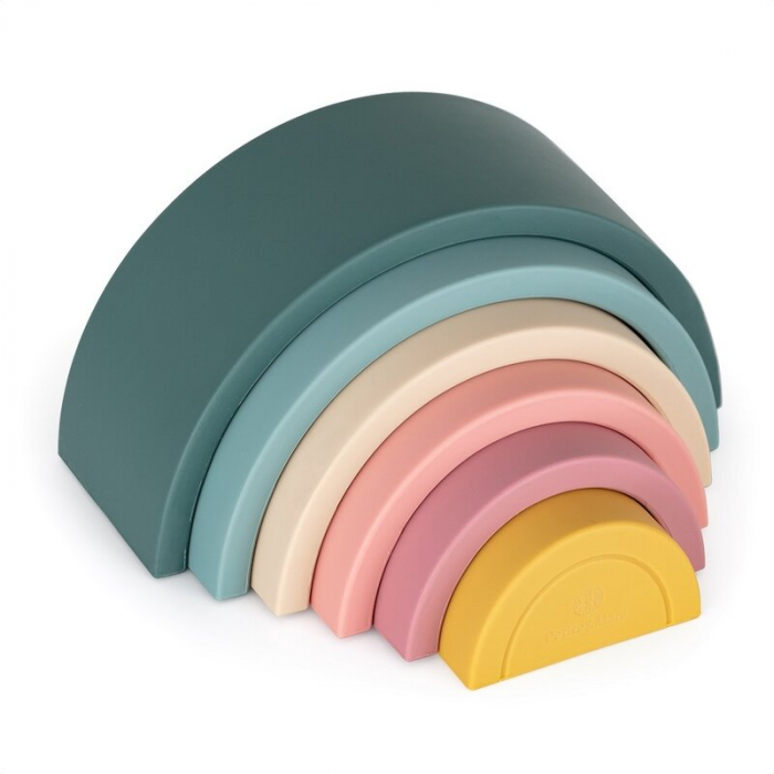 Jucarie pentru stivuire, Petite&Mars, Curcubeu, 14x7.5x5 cm, Silicon, Fara BPA, 6 piese, 12 luni+, Verde [1]