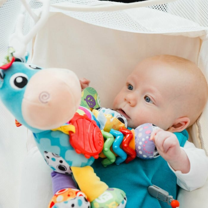 Jucarie, Playgro, Pentru carucior, scoica auto si patut, Cu jucarie de dentitie, Cu sunete, Activity Friend Clip Clop, 39 cm [8]