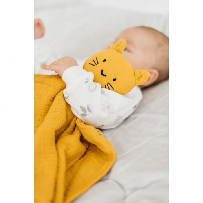 Jucarie textila, New Baby, Baby Cat, Pentru bebelusi, Moale, Din muselina, 100% bumbac,30x30 cm, Mustard [4]