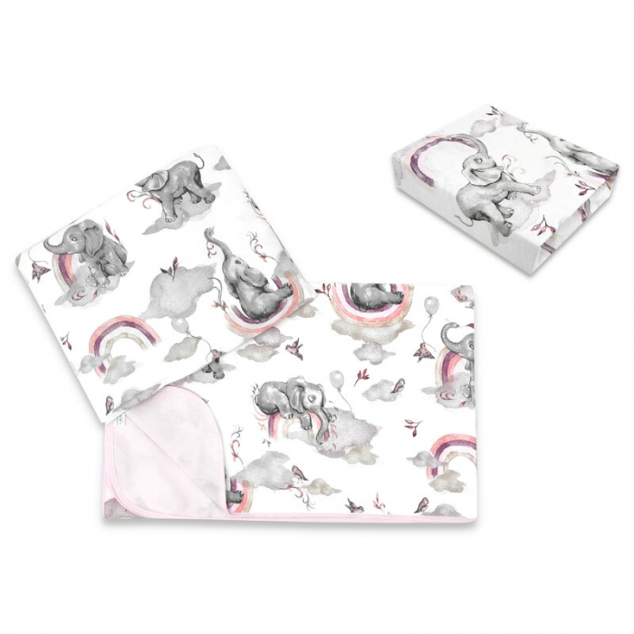 Lenjerie pat junior cu 3 piese, Qmini, Cu cearceaf 160x80 cm, Din bumbac certificat Oeko Tex Standard 100, Cu paturica si pernuta, Elephants on Rainbow Pink [1]
