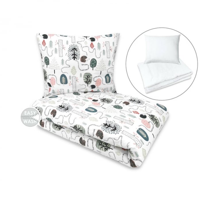 Lenjerie pat junior cu 4 piese, Qmini, Din bumbac certificat Oeko Tex Standard 100, 160 x 100 cm, Hedgehog [1]
