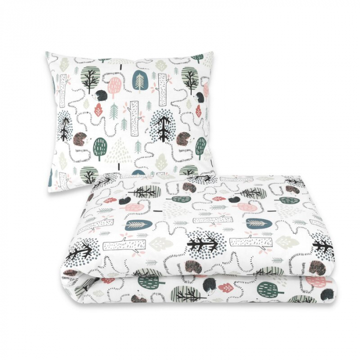 Lenjerie pat junior cu 4 piese, Qmini, Din bumbac certificat Oeko Tex Standard 100, 160 x 100 cm, Hedgehog [3]