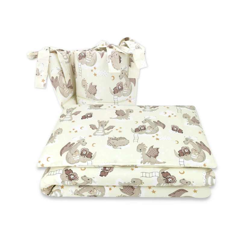 Lenjerie patut 3 piese, Qmini, Pentru patut 120x60 cm, Cu protectie laterala, Din bumbac certificat Oeko Tex Standard 100, Dragons Beige [1]