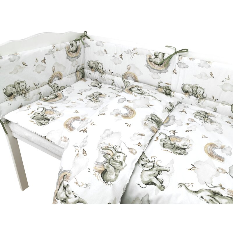 Lenjerie patut 3 piese, Qmini, Pentru patut 120x60 cm, Cu protectie laterala, Din bumbac certificat Oeko Tex Standard 100, Elephants on Rainbow [3]