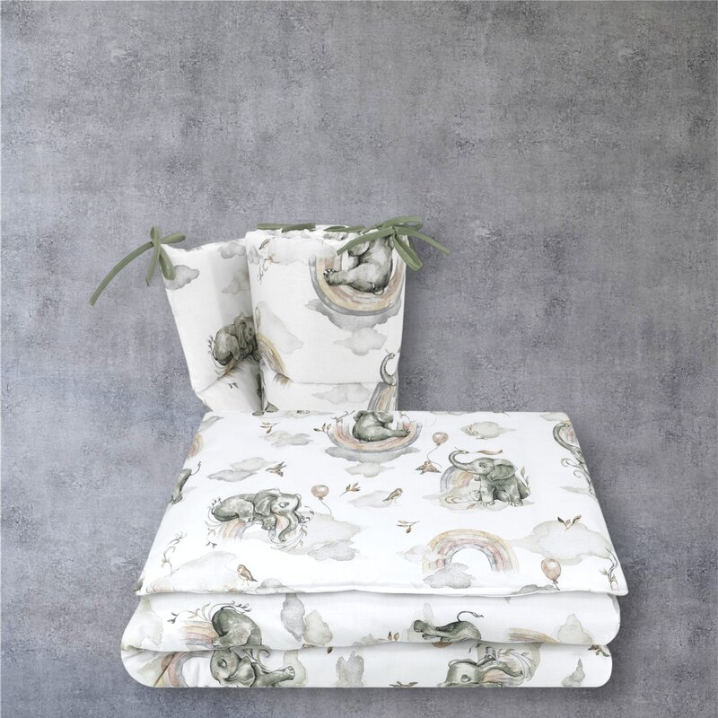 Lenjerie patut 3 piese, Qmini, Pentru patut 120x60 cm, Cu protectie laterala, Din bumbac certificat Oeko Tex Standard 100, Elephants on Rainbow [2]