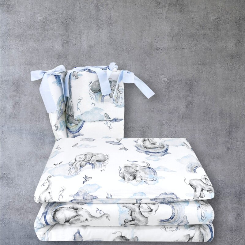 Lenjerie patut 3 piese, Qmini, Pentru patut 120x60 cm, Cu protectie laterala, Din bumbac certificat Oeko Tex Standard 100, Elephants on Rainbow Blue [2]