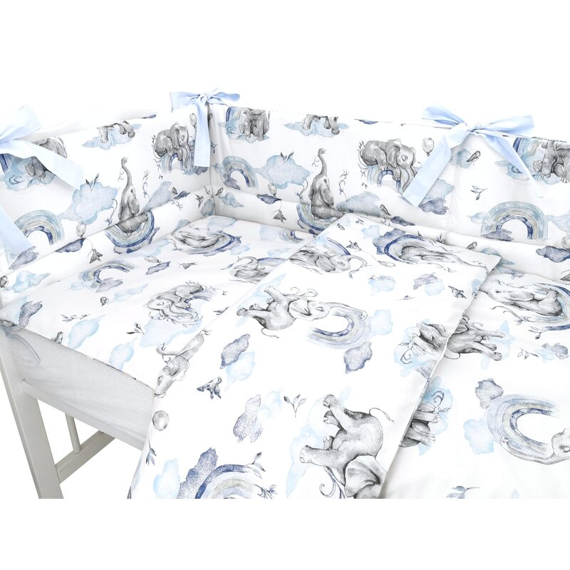 Lenjerie patut 3 piese, Qmini, Pentru patut 120x60 cm, Cu protectie laterala, Din bumbac certificat Oeko Tex Standard 100, Elephants on Rainbow Blue [3]