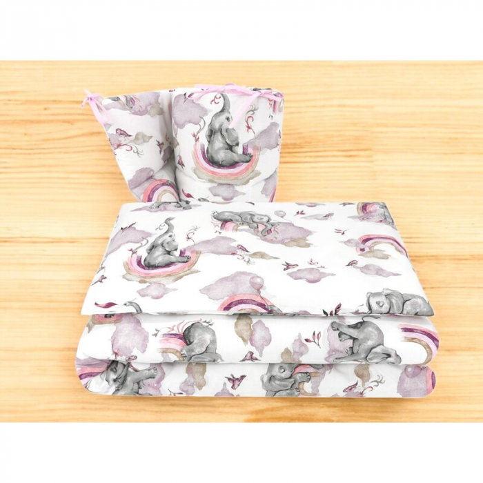 Lenjerie patut 3 piese, Qmini, Pentru patut 120x60 cm, Cu protectie laterala, Din bumbac certificat Oeko Tex Standard 100, Elephants on Rainbow Pink [2]