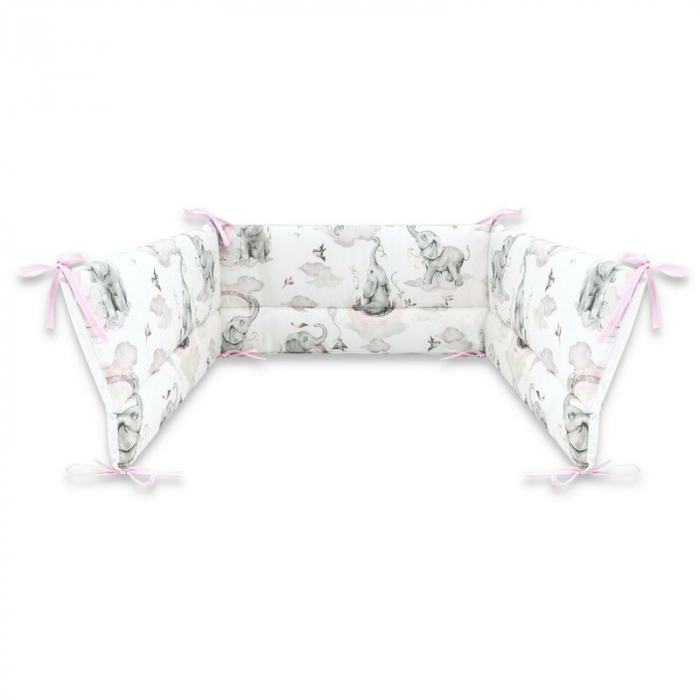 Lenjerie patut 3 piese, Qmini, Pentru patut 120x60 cm, Cu protectie laterala, Din bumbac certificat Oeko Tex Standard 100, Elephants on Rainbow Pink [4]