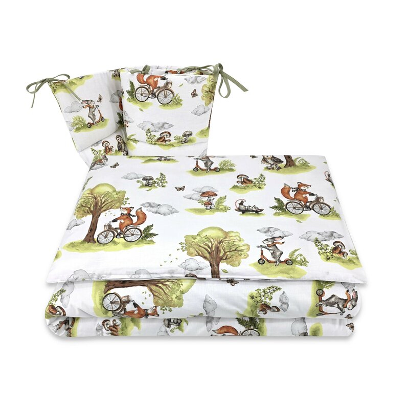 Lenjerie patut 3 piese, Qmini, Pentru patut 120x60 cm, Cu protectie laterala, Din bumbac certificat Oeko Tex Standard 100, Fox on bikes Natural [1]