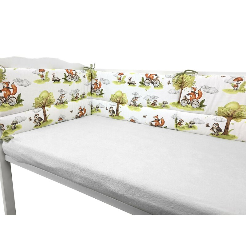 Lenjerie patut 3 piese, Qmini, Pentru patut 120x60 cm, Cu protectie laterala, Din bumbac certificat Oeko Tex Standard 100, Fox on bikes Natural [3]