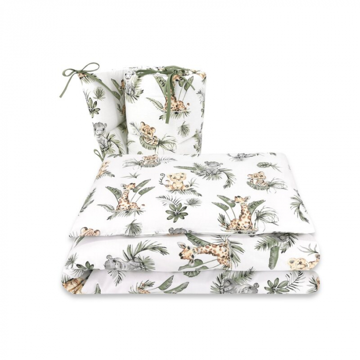 Lenjerie patut 3 piese, Qmini, Pentru patut 120x60 cm, Cu protectie laterala, Din bumbac certificat Oeko Tex Standard 100, Safari [1]
