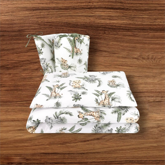 Lenjerie patut 3 piese, Qmini, Pentru patut 120x60 cm, Cu protectie laterala, Din bumbac certificat Oeko Tex Standard 100, Safari [2]