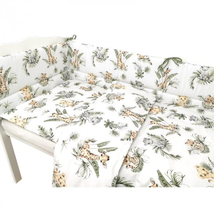 Lenjerie patut 3 piese, Qmini, Pentru patut 120x60 cm, Cu protectie laterala, Din bumbac certificat Oeko Tex Standard 100, Safari [3]