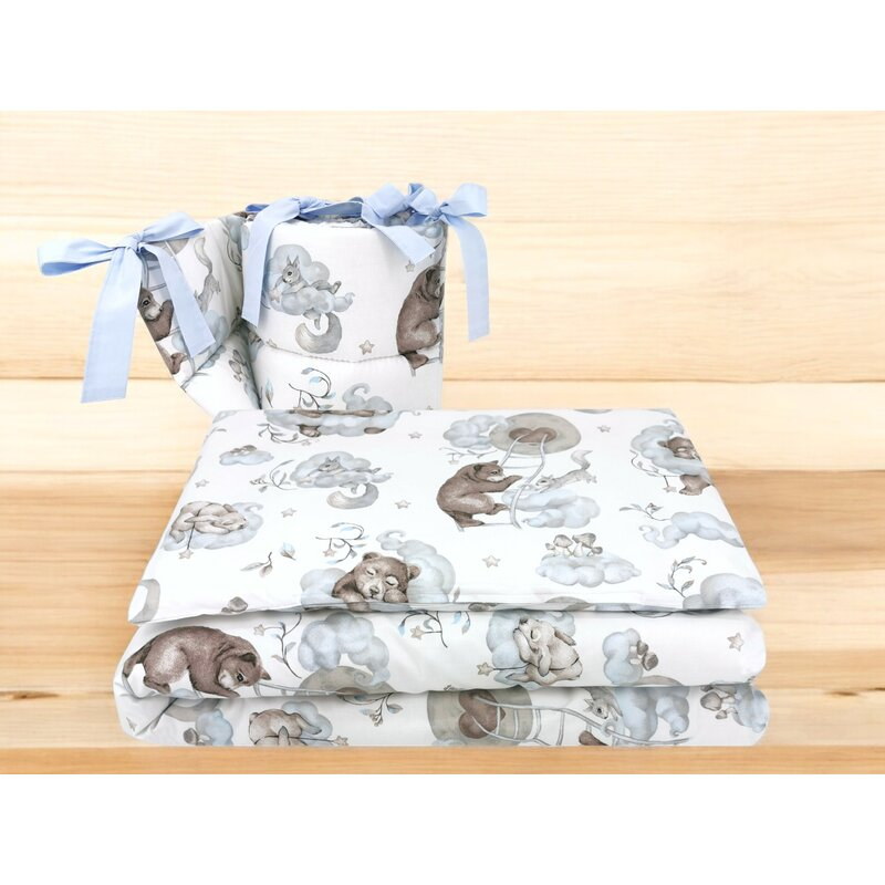 Lenjerie patut 3 piese, Qmini, Pentru patut 120x60 cm, Cu protectie laterala, Din bumbac certificat Oeko Tex Standard 100, Teddy Bear and Friends Blue [2]