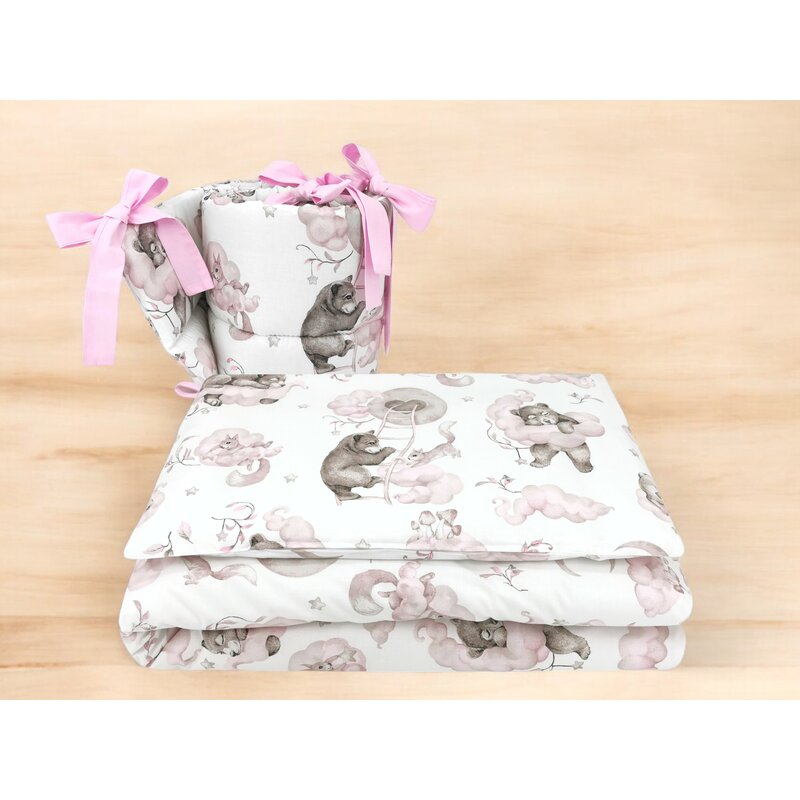 Lenjerie patut 3 piese, Qmini, Pentru patut 120x60 cm, Cu protectie laterala, Din bumbac certificat Oeko Tex Standard 100, Teddy Bear and Friends Pink [2]