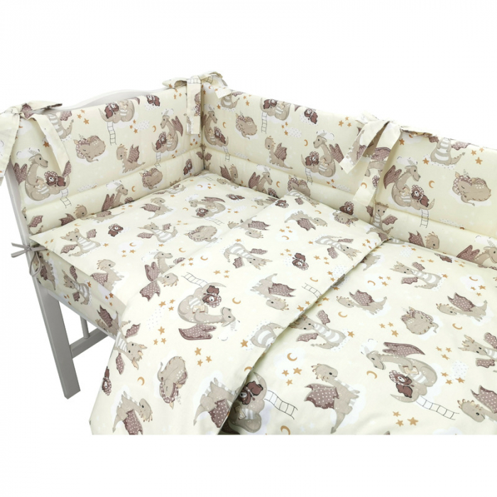 Lenjerie patut 3 piese, Qmini, Pentru patut 140x70 cm, Cu protectie laterala, Din bumbac certificat Oeko Tex Standard 100, Dragons Beige [3]