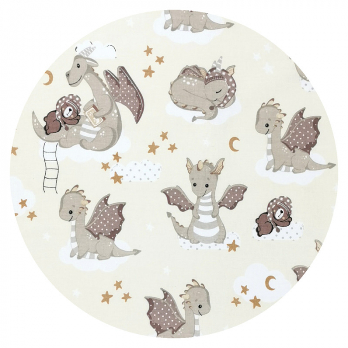Lenjerie patut 3 piese, Qmini, Pentru patut 140x70 cm, Cu protectie laterala, Din bumbac certificat Oeko Tex Standard 100, Dragons Beige [4]
