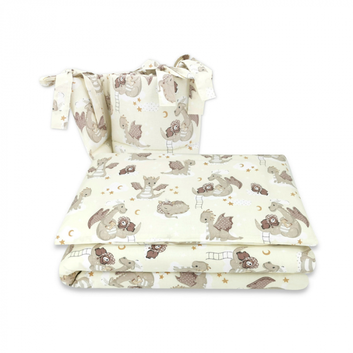 Lenjerie patut 3 piese, Qmini, Pentru patut 140x70 cm, Cu protectie laterala, Din bumbac certificat Oeko Tex Standard 100, Dragons Beige [1]