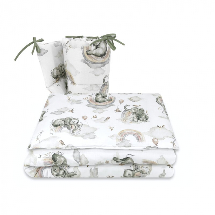 Lenjerie patut 3 piese, Qmini, Pentru patut 140x70 cm, Cu protectie laterala, Din bumbac certificat Oeko Tex Standard 100, Elephants on Rainbow [1]