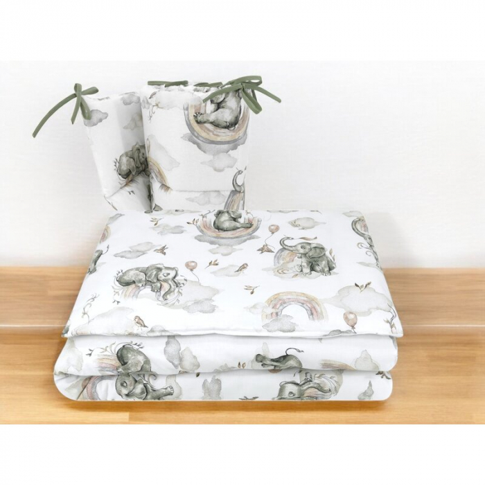Lenjerie patut 3 piese, Qmini, Pentru patut 140x70 cm, Cu protectie laterala, Din bumbac certificat Oeko Tex Standard 100, Elephants on Rainbow [2]