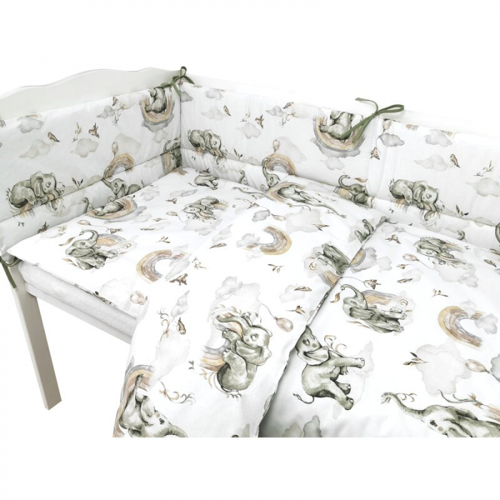 Lenjerie patut 3 piese, Qmini, Pentru patut 140x70 cm, Cu protectie laterala, Din bumbac certificat Oeko Tex Standard 100, Elephants on Rainbow [3]