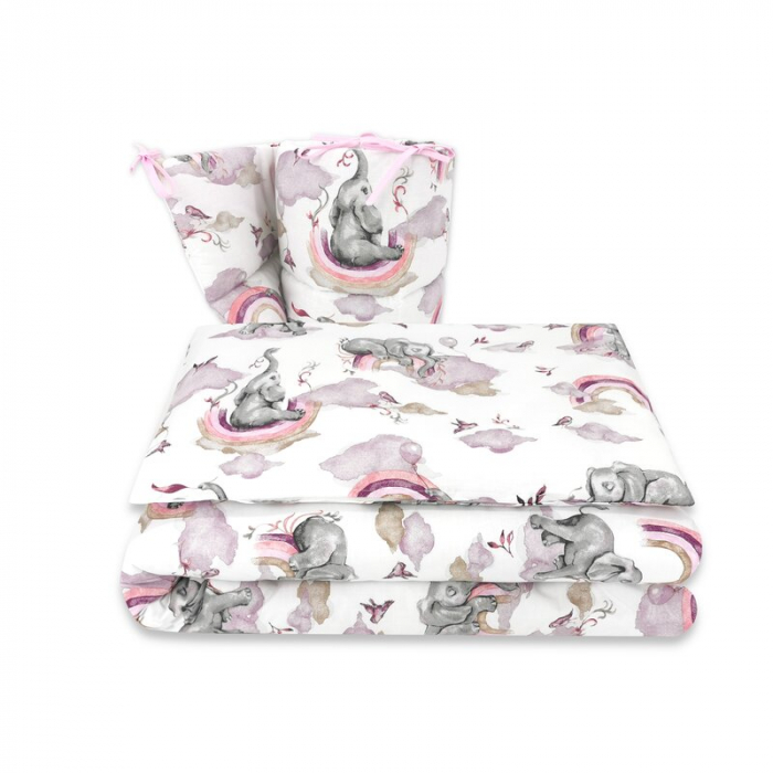 Lenjerie patut 3 piese, Qmini, Pentru patut 140x70 cm, Cu protectie laterala, Din bumbac certificat Oeko Tex Standard 100, Elephants on Rainbow Pink [1]