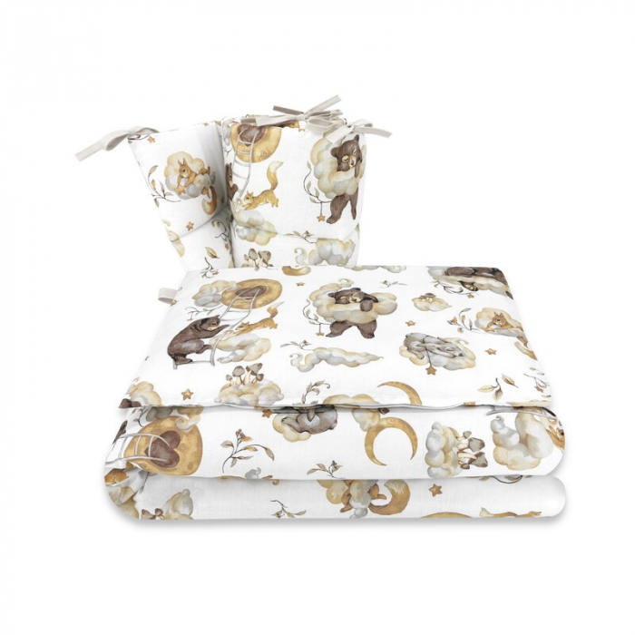Lenjerie patut 3 piese, Qmini, Pentru patut 140x70 cm, Cu protectie laterala, Din bumbac certificat Oeko Tex Standard 100, Teddy Bear and Friends Beige [1]