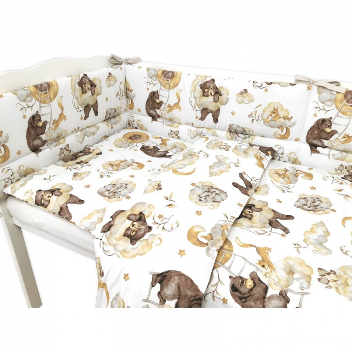Lenjerie patut 3 piese, Qmini, Pentru patut 140x70 cm, Cu protectie laterala, Din bumbac certificat Oeko Tex Standard 100, Teddy Bear and Friends Beige [3]