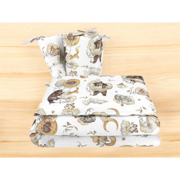 Lenjerie patut 3 piese, Qmini, Pentru patut 140x70 cm, Cu protectie laterala, Din bumbac certificat Oeko Tex Standard 100, Teddy Bear and Friends Beige [2]