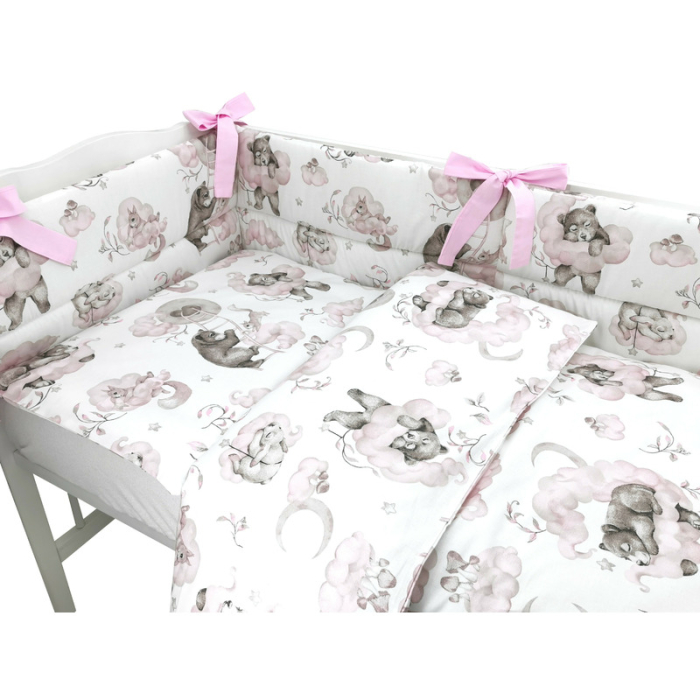 Lenjerie patut 3 piese, Qmini, Pentru patut 140x70 cm, Cu protectie laterala, Din bumbac certificat Oeko Tex Standard 100, Teddy Bear and Friends Pink [3]