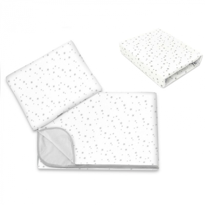 Lenjerie patut cu 3 piese, MimiNu, Cu cearceaf 120x60 cm, Din bumbac certificat Oeko Tex Standard 100, Cu paturica si pernuta, Mini Gray Stars [1]