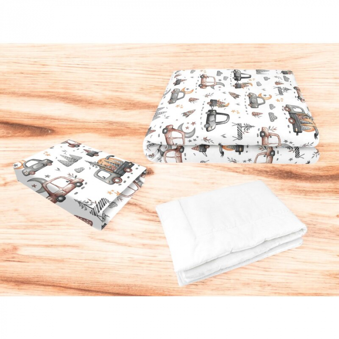 Lenjerie patut cu 3 piese, MimiNu, Cu cearceaf 120x60 cm, Din bumbac certificat Oeko Tex Standard 100, Cu pilota si husa pilota, 135x100 cm, Design, Cars Grey [2]